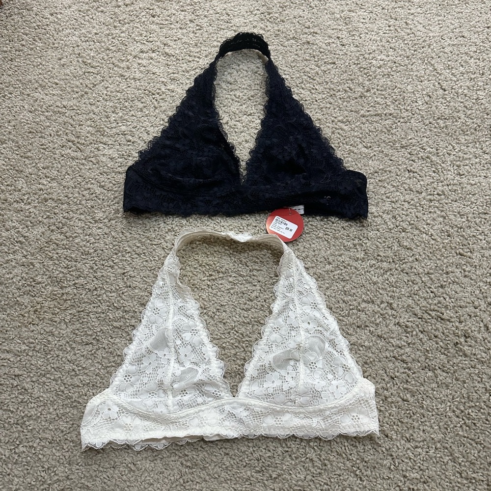 Two Free People Lace Halters - Black and Cream